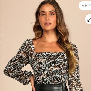 Lulu's Black Floral Long Sleeve Blouse
